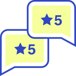 Illustration of 2 Speech bubbles with 5 stars on them representing 5 - star reviews.