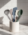 10 Piece Silicone Kitchen Utensil Set including ladle, whisk, spatula, spoonula, and more in blue.